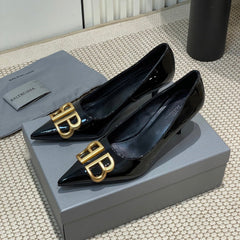 POINTED BB GOLD BUCKLE HIGH PUMPS 60MM IN BLACK PATENT CALFSKIN