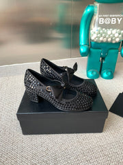 CC MARY JANES SHOES IN BLACK SATIN WITH RHINESTONES