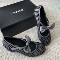 CC MARY JANES SHOES IN STEEL GRAY SATIN WITH BLACK RHINESTONES