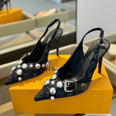 HIGH HEELS 95 MM IN BLACK MONOGRAM DENIM WITH CRYSTALS