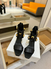 BALMAIN 25S WEDGE HEELS 105MM IN BLACK CALFSKIN GOLD HARDWARE