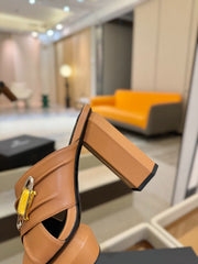 BALMAIN 25S WEDGE HEEL SANDALS 100MM IN BROWN CALFSKIN