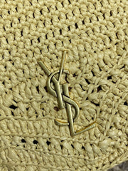 DRAWSTRING BUCKET BAG 19 IN BEIGE WOVEN RAFFIA AND CALFSKIN