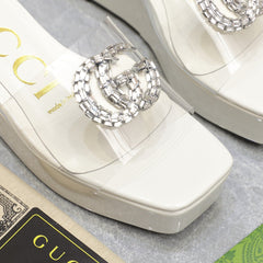 HIGH WEDGE PLATFORM IN WHITE GLOSSY CALFSKIN WITH DOUBLE CRYSTAL G BUCKLE