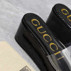 HIGH WEDGE PLATFORM IN BLACK GLOSSY CALFSKIN WITH DOUBLE CRYSTAL G BUCKLE