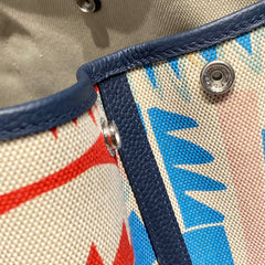 GARDEN PARTY 36 IN MULTICOLOR TOILE H CANVAS BLUE NAVY CALFSKIN TROPICAL ABSTRACT LANDSCAPE PRINT