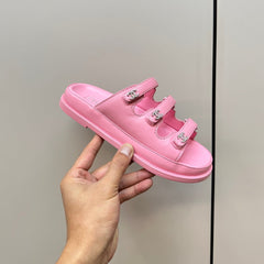 dad sandals pink 3 rows lambskin mules