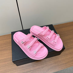 dad sandals pink 3 rows lambskin mules