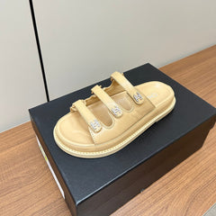 dad sandals cream 3 rows lambskin mules