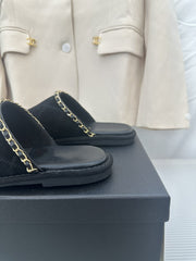 CC Black Suede Gold Chain Mules