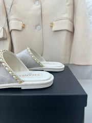 CC White Suede Gold Chain Mules
