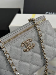 VANITY CASE 17 CRYSTAL STUDDED LOGO IN GREY CALFSKIN GOLD HARDWARE