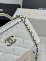 MINI VANITY TOP HANDLE CASE 17 IN WHITE CAVIAR SKIN SILVER-TONE PLATED METAL