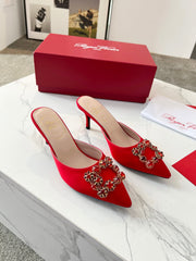 EFFLORESCENCE MULES IN RED SATIN