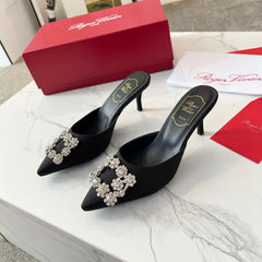 EFFLORESCENCE MULES IN BLACK SATIN