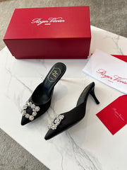 EFFLORESCENCE MULES IN BLACK SATIN