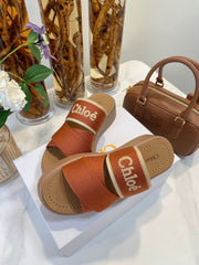 WOODY WEDGE SANDALS IN BRONZE BROWN CANVAS WITH CIDER BROWN RUBBER SOLE