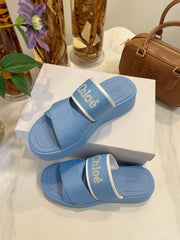 WOODY WEDGE SANDALS IN CERULEAN BLUE CANVAS WITH RUBBER SOLE