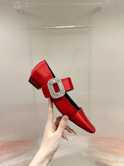 MARY JANES IN RED SATIN WITH CRYSTAL SQUARE BUCKLE