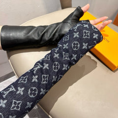 FINGERLESS LONG GLOVES IN BLACK MONOGRAM DENIM AND LAMBSKIN