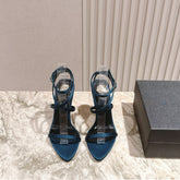 YSL 25S STRAPPY HIGH-HEEL SANDALS 100 MM IN MIDNIGHT BLUE SATIN