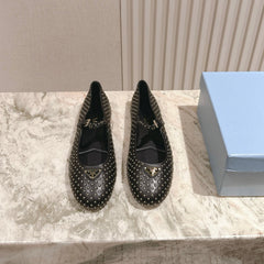 PRADA 25S STUD EMBELLISHED BALLERINA IN BLACK CALFSKIN