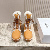CELINE 25S KURT LACE UP MID BOOT IN MEDIUM ORANGE SUEDE AND SHEARLING