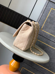 CHANEL 25S CLASSIC FLAP 26 CM IN LIGHT BEIGE CANVAS EMBROIDERED MOTIF WITH GOLD HARDWARE
