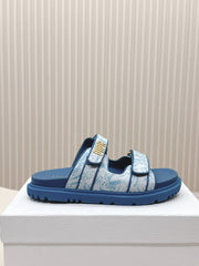 DIOR CLASSIC DOUBLE-STRAP SLIDES 25S IN OCEAN BLUE FABRIC AND CALFSKIN