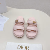 DIOR CLASSIC DOUBLE-STRAP SLIDES 25S IN PASTEL PINK CALFSKIN WITH GOLD HARDWARE