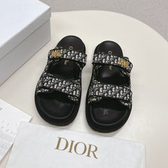 DIOR CLASSIC DOUBLE-STRAP SLIDES 25S IN BLACK FABRIC AND CALFSKIN
