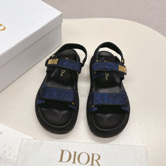 DIOR BACK-STRAP SANDALS 25S IN MIDNIGHT BLUE FABRIC AND BLACK CALFSKIN WITH GOLD HARDWARE