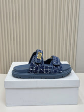 DIOR CLASSIC DOUBLE-STRAP SLIDES 25S IN NAVY BLUE TWEED AND CALFSKIN