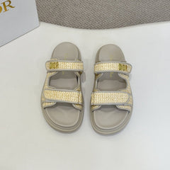 DIOR CLASSIC DOUBLE-STRAP SLIDES 25S IN BEIGE RAFFIA AND GREY CALFSKIN