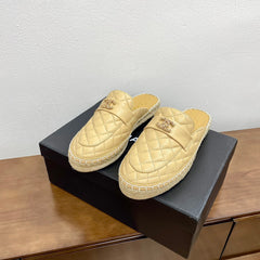 CC Women Half - Slippers Yellow Cream Lambskin