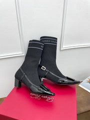 BELLE VIVIER SOCK LACQUERED BUCKLE ANKLE BOOTS IN BLACK PATENT CALFSKIN SOCK UPPER FABRIC