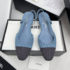 CC SLINGBACK 25S 25 MM IN BLUE DENIM WITH PLAID PATTERN