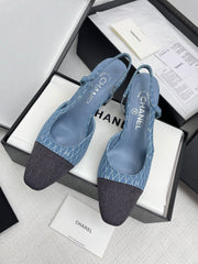 CC SLINGBACK 25S 65 MM IN BLUE DENIM WITH PLAID PATTERN