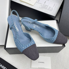 CC SLINGBACK 25S 65 MM IN BLUE DENIM WITH PLAID PATTERN