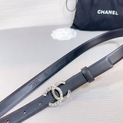 CC BELT 20 MM IN BLACK SMOOTH CALFSKIN SILVER HARDWARE ATTACH RHINSTONE