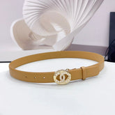 CC 30MM BELT IN CAMEL BEIGE CALFSKIN SILVER HARDWARE ATTACH PEARLS