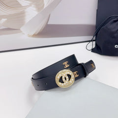 CC 30MM BELT IN BLACK CALFSKIN GOLD HARDWARE ATTACH PEARLS