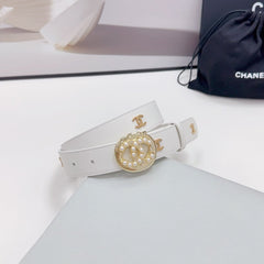 CC 30MM BELT IN WHITE CALFSKIN GOLD HARDWARE ATTACH PEARLS