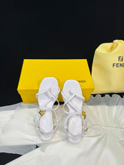 FENDI FFOLD MEDIUM-HEELED 55 MM SANDALS IN WHITE LAMBSKIN WITH GOLD HARDWARE