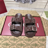 SANDALS IN NAVY BROWN SUEDE EMBOSSED LOGO SILVER HARDWARE