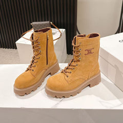 CELINE 25S HIGH HEELED LACE UP BOOTS 50MM IN DARK ORANGE SUEDE