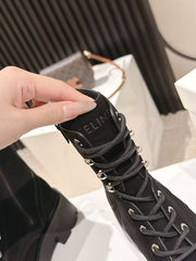 CELINE 25S HIGH HEELED LACE UP BOOTS 50MM IN BLACK SUEDE