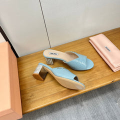 JEWELLED HEEL 55 MULE SANDALS IN LIGHT BLUE CALFSKIN