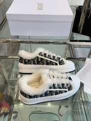 ALK'N PLATFORM SNEAKER CAMEL BROWN COTTON EMBROIDERED WITH OBLIQUE MOTIF AND WHITE SHEARLING