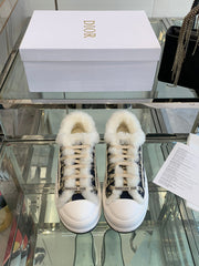 ALK'N PLATFORM SNEAKER CAMEL BROWN COTTON EMBROIDERED WITH OBLIQUE MOTIF AND WHITE SHEARLING